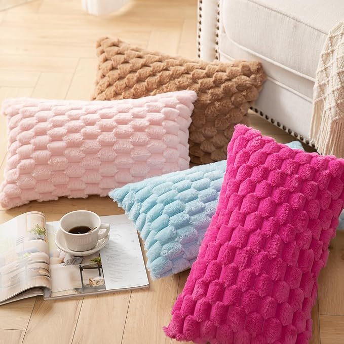 MANDIOO Pack of 2 Hot Pink Super Soft Plush Fluffy Decorative Throw Pillow Covers 20x20 inch Faux Fur Wool Velvet Cushion Covers Pillow Cases Couch Sofa Bed Living Room