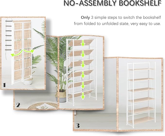 4NM No Assembly Folding Bookshelf, 6-Shelf 74" H Collapsible Foldable Bookcase Storage for Small Spaces, Natural White
