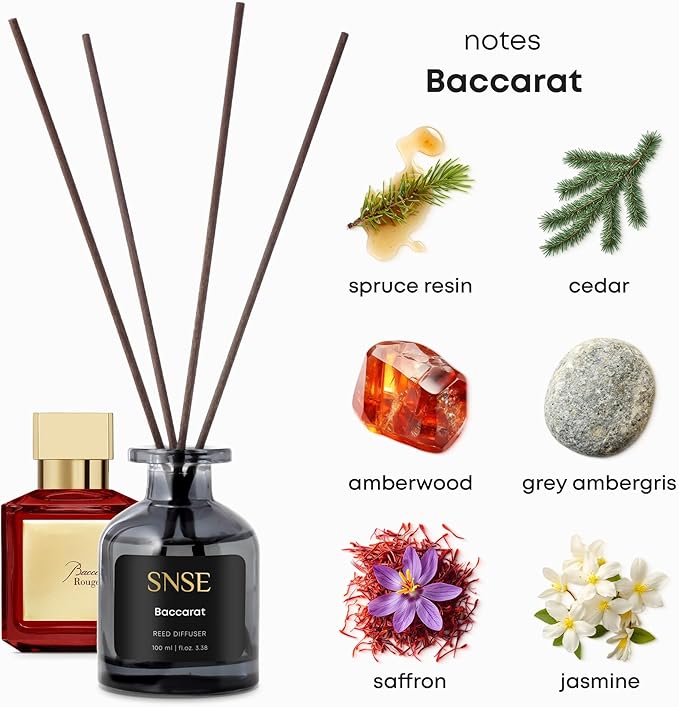 SNSE Baccarat Rouge Inspired Reed Diffuser – Luxury Home Fragrance Set, Long-Lasting Perfume Aroma, Elegant Gift, Relaxing & Sophisticated Scent