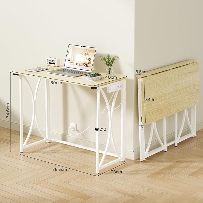 Folding Table, 31.5" Small Desk for Bedroom with Power Outlet, Space Saving Foldable Computer Desk for Home Office, Easy Assembly, Beige