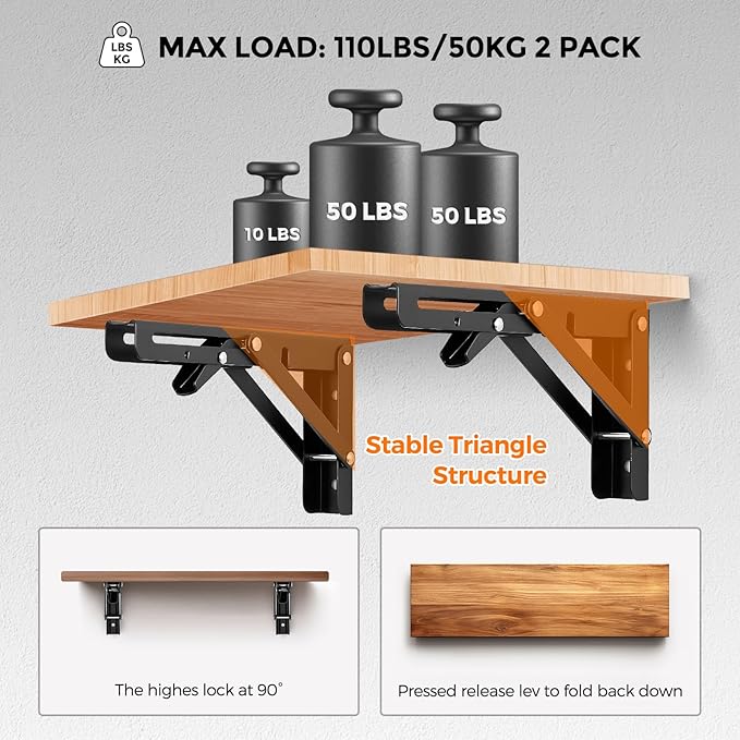 JOY DECOR 8 Inch Heavy Duty Folding Shelf Brackets, 2 Pack (1 Pair) Collapsible Wall Mounted Brackets for Fold Down Table, Stainless Steel Folding Table Hinge, Matte Black