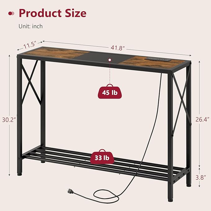 Tajsoon Console Table with Charging Station, 41.8" Entryway Table with Shelves, 2-Tier Narrow Sofa Table, Long Behind Couch Table, for Entryway, Foyer, Living Room, Hallway, Brown & Black