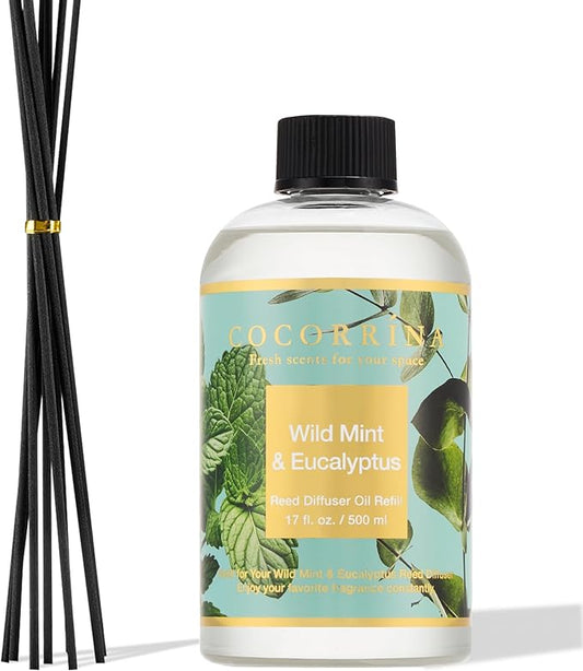 Cocorrína Reed Diffuser Refill Wild Mint & Eucalyptus 17oz (500ml) with 8 Sticks - Premium Long-Lasting Scented Oil, Home Fragrance for Bedroom, Bathroom Home Decor