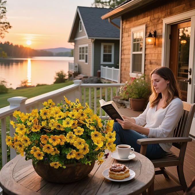 12 Bundles Artificial Flowers for Outdoor Indoor Fake Flowers UV Resistant Artificial Outdoor Flowers Fake Plants Beautiful Faux Flower for Porch Garden Home Patio Decor Home Wedding (Yellow)