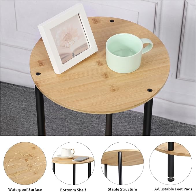 Small Round Table Set of 2, End Tables Living Room, Side Tables for Small Spaces, 2 Tiers Rustic Accent Tables, Night Stands for Bedrooms, Coffee Tables With Storage Shelf