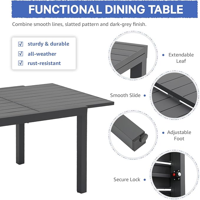 Soleil Jardin Aluminum Patio Extendable Dining Table, 59" - 83", Adjustable Indoor Outdoor Furniture Rectangle Table for 6-8 Person Porch Deck Garden, Dark-Grey