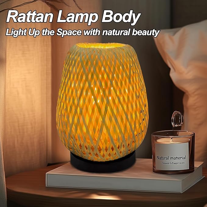 Boho Woven Nightstand Table Lamp - Rattan 3 Color Temperature Handmade Rattan Bamboo Lamp for Bedroom, Living Room