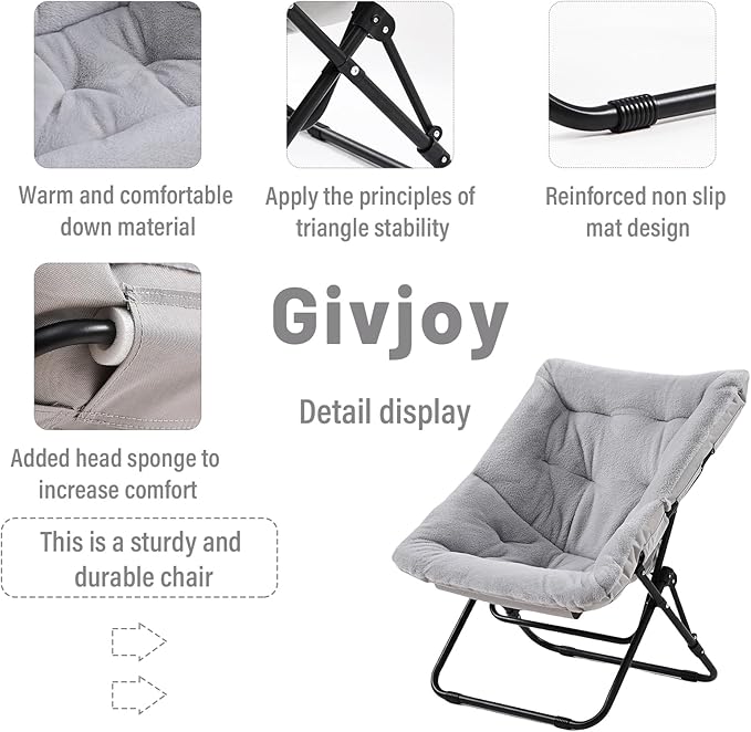 Comfy Folded Chair, Soft Faux Fur Oversized Folding Accent Chair, Flexible Lounge Lazy Chair for Adults Kids, Metal Frame Moon Chair for Dorm Room, Bedroom, Living Room