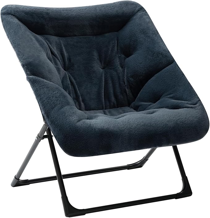 HollyHOME X-Large Saucer Chair, Comfy Oversized Folding Chair, Faux-Fur Reading Chair for Teens, Adults, Foldable Accent Lazy Chair, Metal Frame Lounge Chair for Living Room, Bedroom, Dorm, Navy Blue