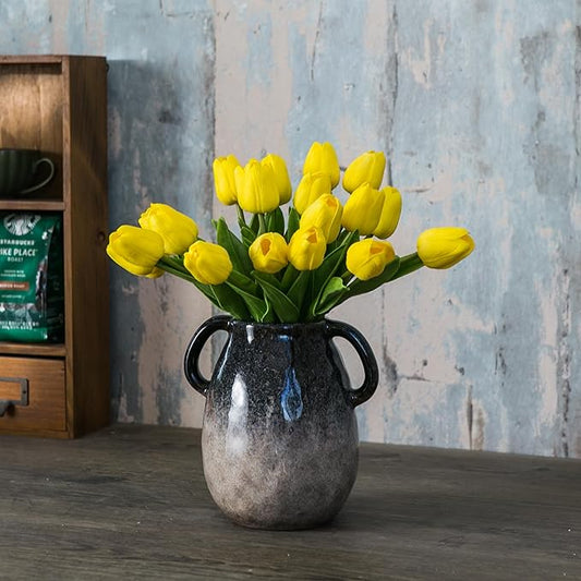 Blue Gradient Ceramic Vase with 2 Handles, Modern Farmhouse Decor, Rustic Terracotta Pottery, Decorative Clay Flower Vase, Centerpiece for Dining Table - 7 Inch