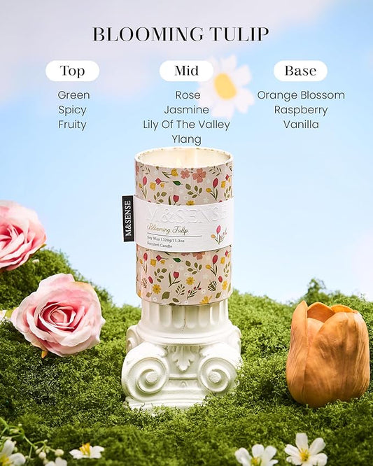 M&SENSE Blooming Tulip Scented Candle, Medium Jar Candle 11.3oz Natural Soy Wax for Home Scented, Floral Candles Gift for Spring Holiday, Up to 70 Hours Burning Long-Lasting Fragrance