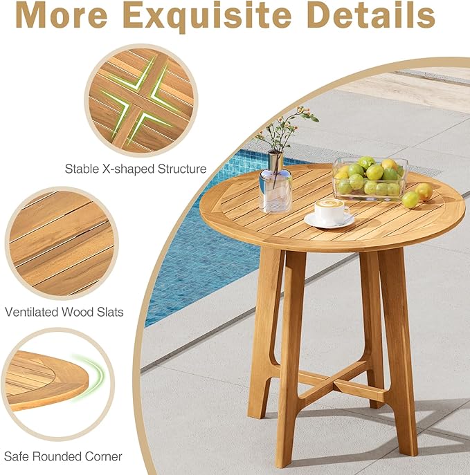 Tangkula 31.5” Patio Dining Table, Round Teak Wood Dining Table w/Slatted Tabletop, X-Shaped Frame, 4 Sturdy Supporting Legs, Farmhouse Dining Furniture for Dining Room, Garden, Poolside