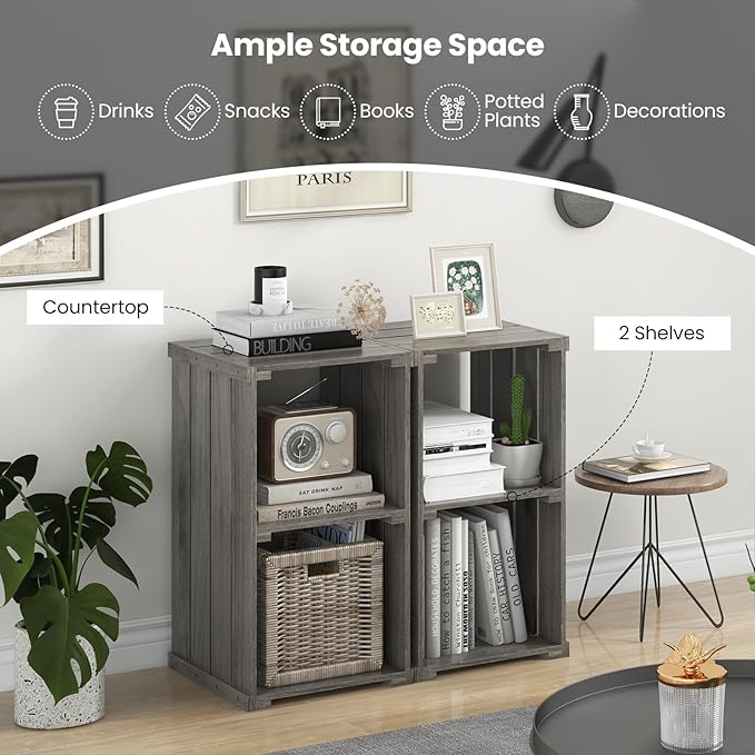 Giantex 2-Cube Bookcase Set of 2, 3-Tier Paulownia Wood Cubic Organizer w/Open Back, Freestanding Cubby Storage Shelf, Slatted Wooden End Table, Farmhouse Style Bookcase for Living Room, Bedroom