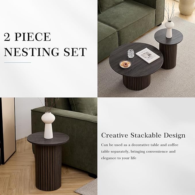 Small Round Coffee Table Set of 2, Wood Finish Nesting Coffee Tables, Boho Circle Side Table for Living Room (φ27.6 Large Short + φ15.8 Small Tall)