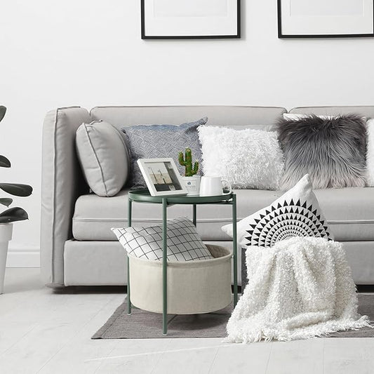 danpinera Round Side Table with Fabric Storage Basket, Metal Side Table Small Bedside Nightstand with Removable Tray for Living Room, Bedroom, Nursery, Dark Green