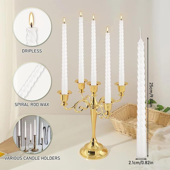 12 Pack White Spiral Taper Candles,Smooth Flame,7+Hour Burn Time,The Perfect Choice for Halloween&Multiple Purposes.
