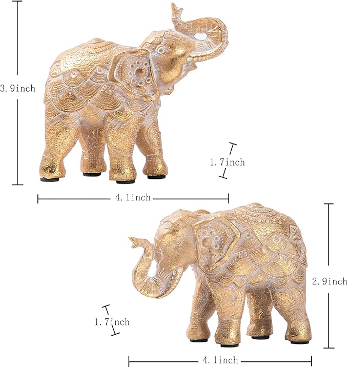 Elephant Statue for Home Decorations, Elephant Figurines with Trunk Up, Room Decor for Shelf Table Living Room Nightstand, African Elephants Gifts for Women Small Set of 2 Gold Color Accents