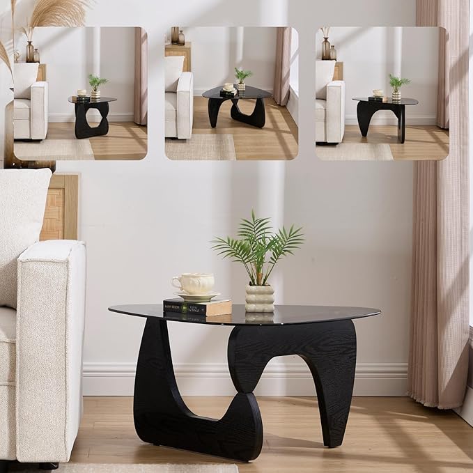 DUOMAY Modern Triangle Glass Coffee Table, 16 Inch High Glass Top Abstract Small End Table with Solid Natural Wood Base, Tea Table Suitable for Living Room, Office, Patio, Apartment, Black Wood