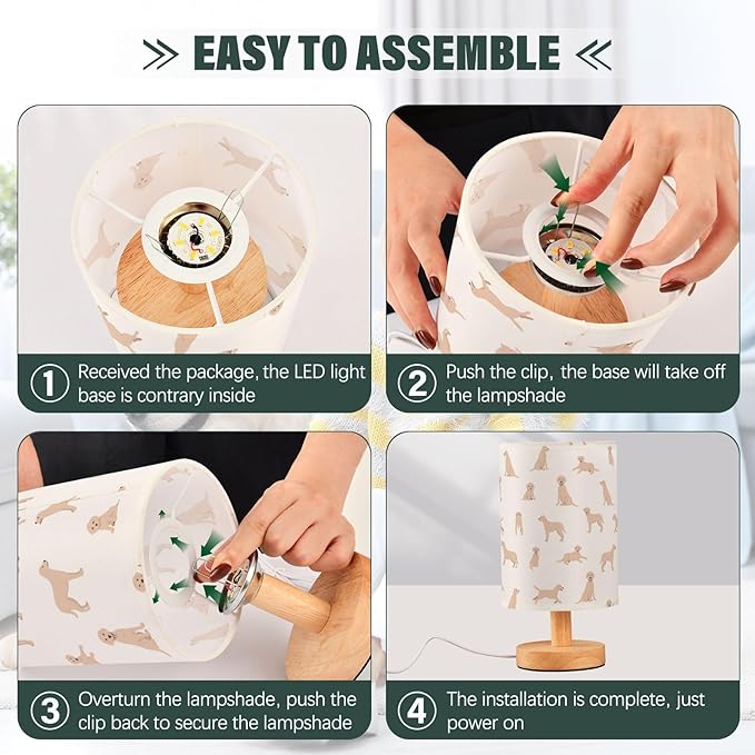 Table Lamp Labrador Retriever Dogs Pattern Nightstand Lamp with Wood Base Fabric Lamp Shade Bedside Desk Lamp for Living Room Bedroom Kids Room Office