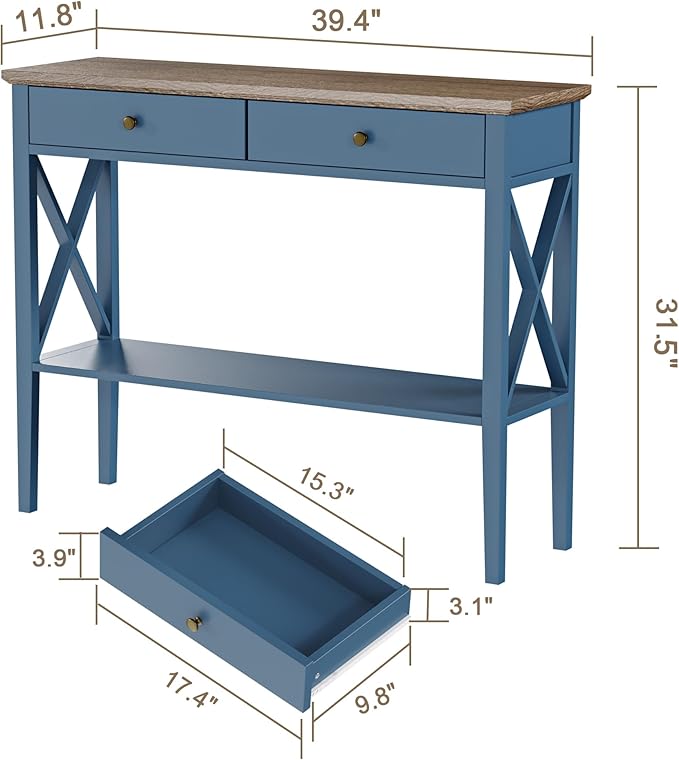 ChooChoo Console Table with Drawers, Narrow Wood Accent Sofa Table Entryway Table with Storage Shelf for Entryway, Front Hall, Hallway, Living Room, Blue