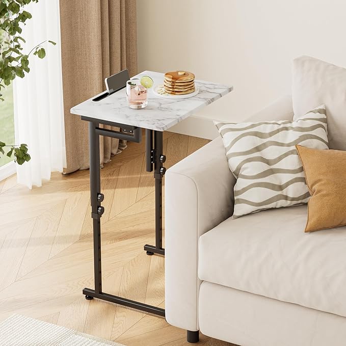 TV Tray, Folding TV Dinner Table, Adjustable Small C-Shaped End Tray for Eating, Foldable Slide Under Couch Side Table for Recliner, Living Room, Bedroom,No Assembly Required(White Marble)