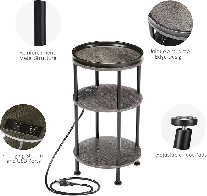 Small Round Side Table with Charging Station for Small Spaces, 3-Tier Accent Table with USB Ports & Power Outlets, Sofa Corner Tea Table for Living Room Nightstand Bedroom Apartment (Grey)