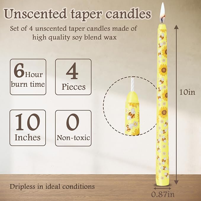 10 Inch Taper Candles with Honeybee Design – Smokeless Dripless Yellow Dinner Candles for Table, Party, Farmhouse Decor (4-Pack Assorted Yellow B)