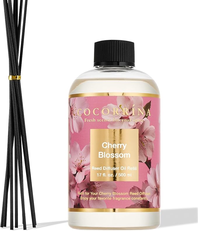 Cocorrína Reed Diffuser Refill Cherry Blossom 17oz (500ml) with 8 Sticks - Premium Long-Lasting Scented Oil, Home Fragrance for Bedroom, Bathroom Home Decor