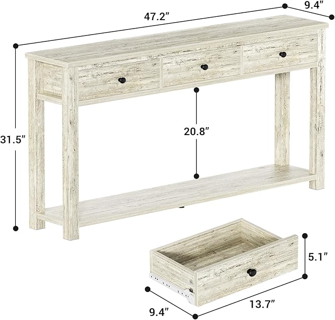 Homieasy Farmhouse Console Table with 3 Drawers, 47 Inch Wood Sofa Table with Storage Shelf for Living Room, Behind Couch, Entryway Table for Hallway, Living Room, or Foyer, Light Rustic Oak