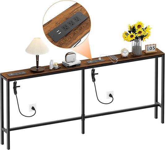 Narrow Sofa Table with 2 Power Outlets, 71” Thin Console Tables Narrow Long, Behind Couch Table Skinny, Wood Console Tables for Entryway, Living Room, Hallway, Foyer, Rustic Brown