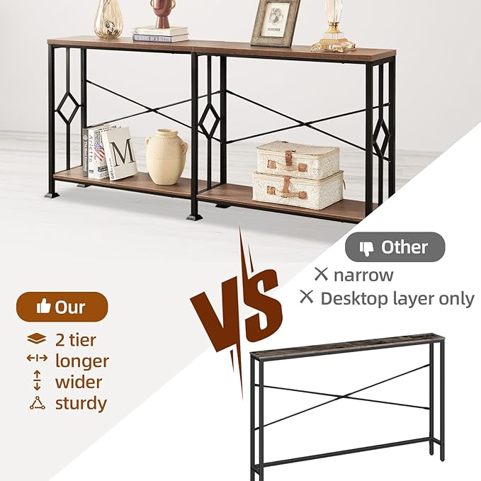 HOMISSUE Long Entryway Console Table, 70.9" Industrial Narrow Sofa Tables Behind Couch with 2 Tier Storage Shelf for Hallway, Living Room, Rustic Brown