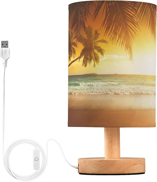 Table Lamp Pretty Sunset Ocean Beach with Palm Tree Caribbean Sea Nightstand Lamp with Wood Base Fabric Lamp Shade Bedside Desk Lamp for Living Room Bedroom Kids Room Office