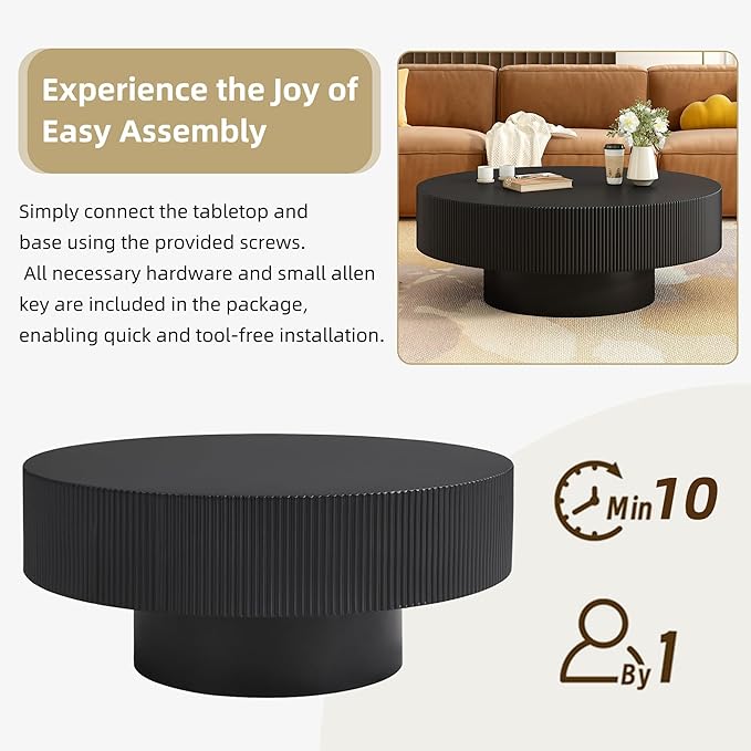 31.5" Round Fluted Coffee Table, Modern Wood Circle Coffee Table, Black Fluted Tea Center Table with Thick Tabletop & Sturdy Pedestal for Living Room Apartment- Easy Assembly