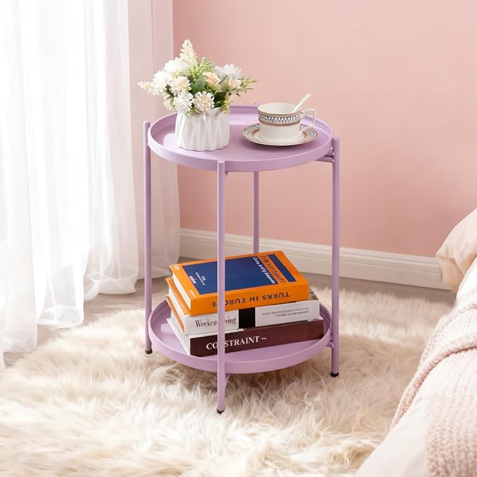 HollyHOME 2-Tier Round Side Table, Outdoor Small Folding Accent Stand with Removable Tray, Anti-Rust Metal Asional Table for Balcony Patio Living Room, Nightstand for Bedroom(Purple)