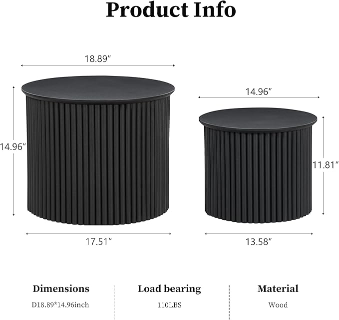 Small Fluted Round Nesting Coffee Table Set of 2, Mid Century Modern Coffee Table Circle Side Table, Wood Nesting Table Farmhouse End Tables Set for Living Room, Bedroom, Small Spaces(Black