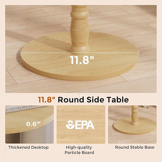 Round Side Table, Solid Wood Pillar with Wood Top & Base, Small Drink Accent Table for Living Room, Bedroom, Sofa & Office, Easy Assembly, Natural