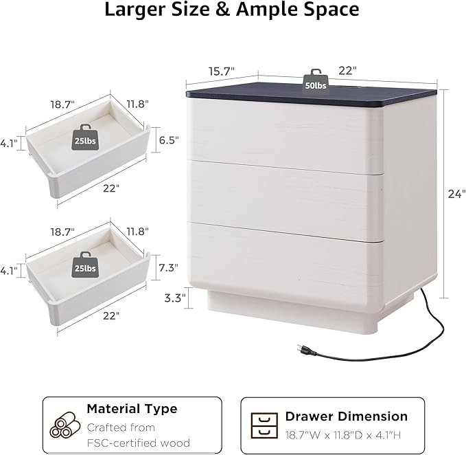 JXQTLINGMU 22" Modern Nightstand with Charging Station, Large Push-to-Open End Table, Wood Bedside Table w/Curved Profile Design, Handleless 3 Drawer Night Stand for Bedroom, Living Room, Off White