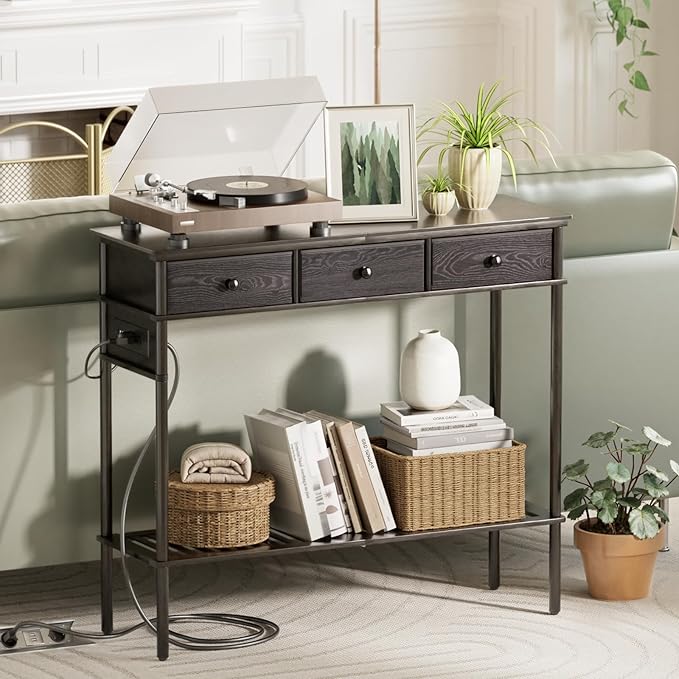 Entryway Table Sofa Console Table, Bamboo Small Entry Way Table with Drawers Storage and Power Outlets for Living Room, Hallway, Foyer, Entrance, Black