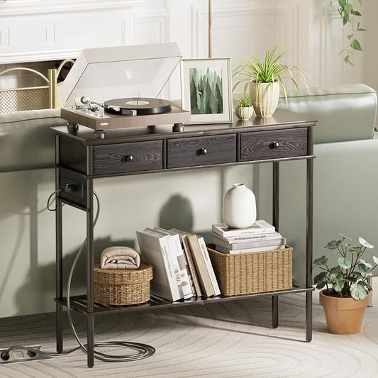Entryway Table Sofa Console Table, Bamboo Small Entry Way Table with Drawers Storage and Power Outlets for Living Room, Hallway, Foyer, Entrance, Black