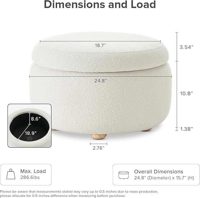 mopio Luna Round Ottoman with Storage and Tray, Round Coffee Table with Storage, Upholstered Foot Stools Ottoman for Living Room, Bedroom, with Solid Rubberwood Legs (Pearl White Performance Boucle)