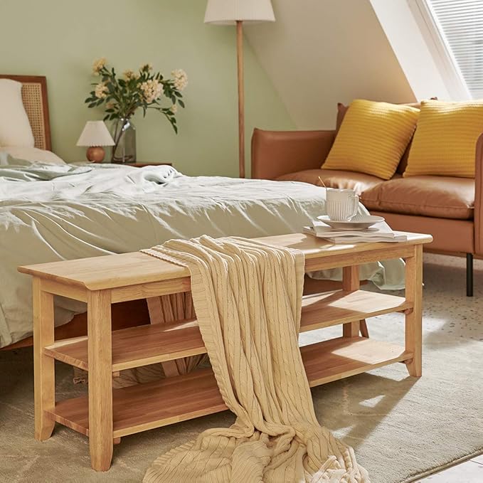 XKZG Storage Bench Wooden Shoe Rack Bench Simple Style Wood Entryway Bench (Natural,47.2")
