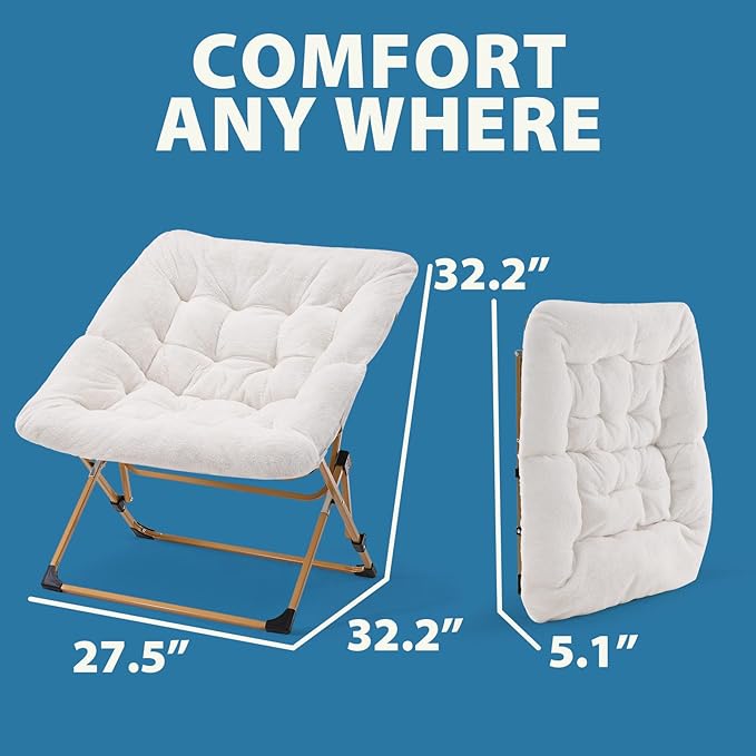 OAKHAM Comfy Chair for Adults, Soft Faux Fur Folding Lounge for Bedroom Living Room Dorm Rooms Flexible Reading Chair for Teens Kids, X-Large Foldable (Faux Fur-White)