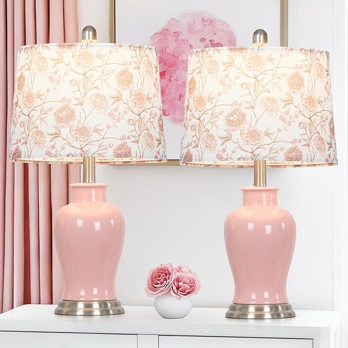 Pink Ceramic Table Lamp with Flower Lampshade, 23" Cute Ceramic Bedside Lamp with Ginger Jar Design, Modern Living Room Lamps Set 2, Elegant Bedroom Lamps for Nightstand Desk Side Home Decor