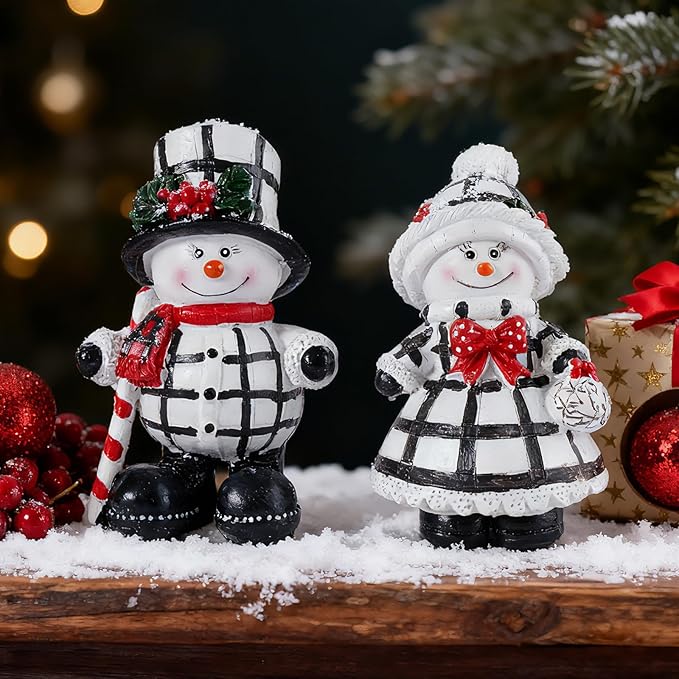 2-Piece Christmas Couple Snowman Resin Statues, Indoor Outdoor Holiday Decor, Christmas Table Centerpiece & Home Desktop Window Sill Ornaments - Ideal for Parents Friends