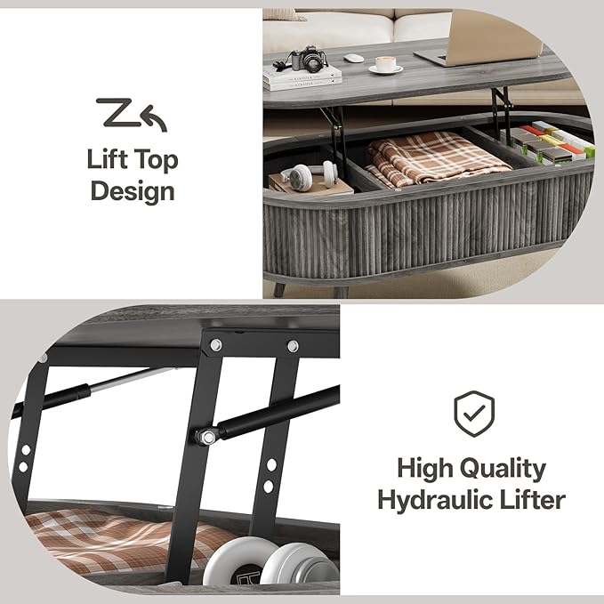 Mid Century Oval Coffee Table, Fluted Center Table with Lift Top, Modern Dining Table with Storage for Living Room Home Office, 39.4", Gray