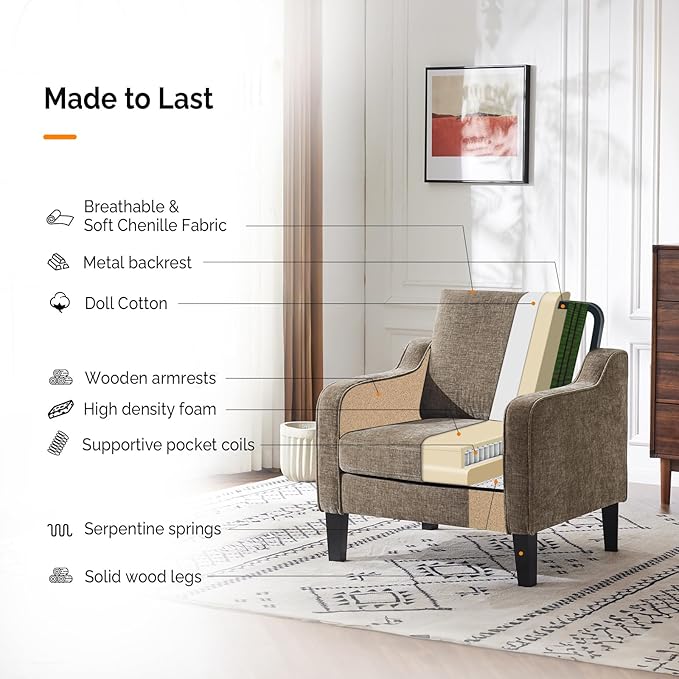 VINGLI Accent Chair for Living Room Chairs Light Brown Reading Chair for Bedroom Scooped Arm Chair Mid Century Modern Accent Chairs Upholstered Comfy Chair for Apartment, Waiting Room