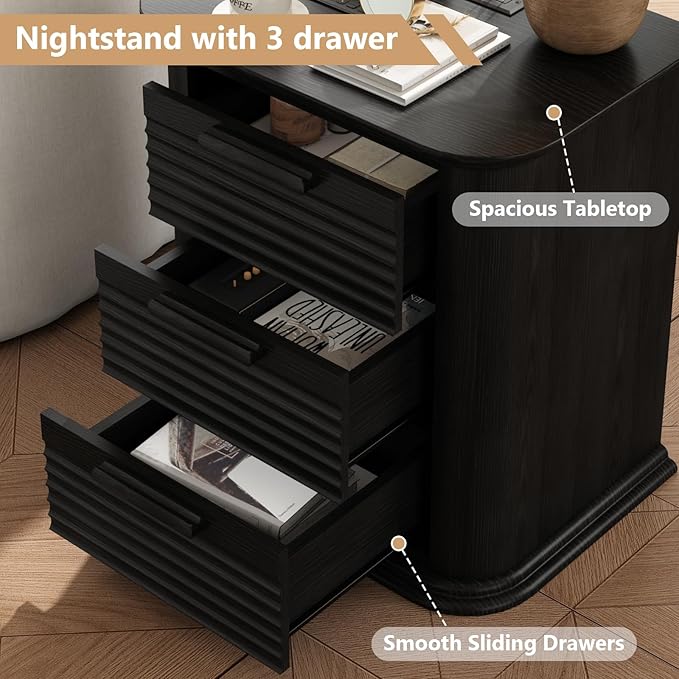 22'' Fluted Nightstand with Charging Station, Modern End Table with 3 Drawers and Storage, Wood Night Stand with Round Corner, Side Bedside Table Dresser for Bedroom, Living Room, Curved Profile,Black