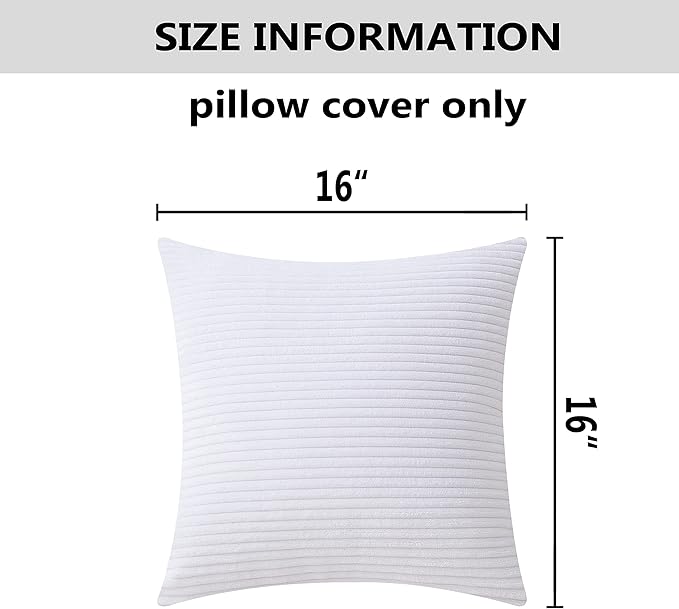 Home Brilliant 16x16 Throw Pillow Covers for Couch Striped Velvet Decorative Pillowcases for Chair Sofa Bench Toddler, 40x40 cm, Set of 2, Pure White
