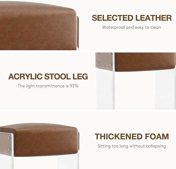 Leather Vanity Stool Chair, Modern Ottoman and Foot Rest with Leather and Acrylic Leg for Makeup Room, Living Room, Bedroom, Brown