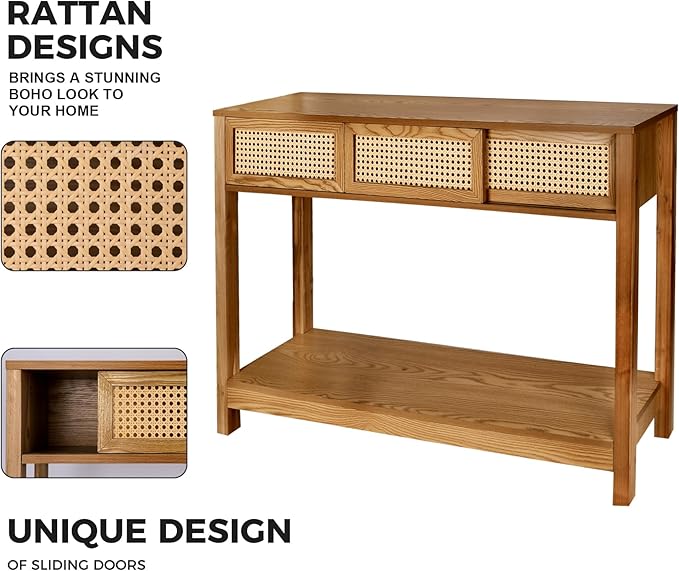ZYBT Long Console Table, Rattan Entry Table, Console Tables for Entryway, Narrow Wood Console Table with Storage, Rustic Couch Table Hallway Table Brown Boho Sofa Table for Living Room